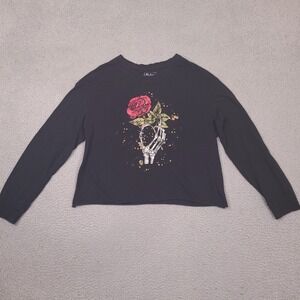 Miken Flow‎ Women's Long Sleeve T-Shirt Large Black Rose Skeleton Hand Crop Top